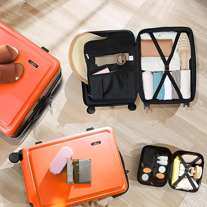 TRAVELARIM Orange Hardshell Luggage Sets 4 Piece, Durable Suitcase Set, Travel Luggage Set with Integrated TSA Lock, 360° Spinner Wheels, Expandable Medium and Large Checked Suitcase, 20/24/28 Inch