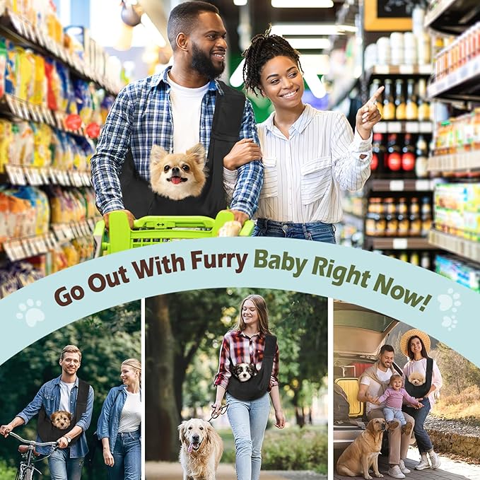 Pawaboo Small Dog Sling Carrier, Reversible Hands Free Dog Sling Carriers for Small Dogs and Cats, Puppy Slings Carrier with Safety Harness, Puppy Essentials, Black