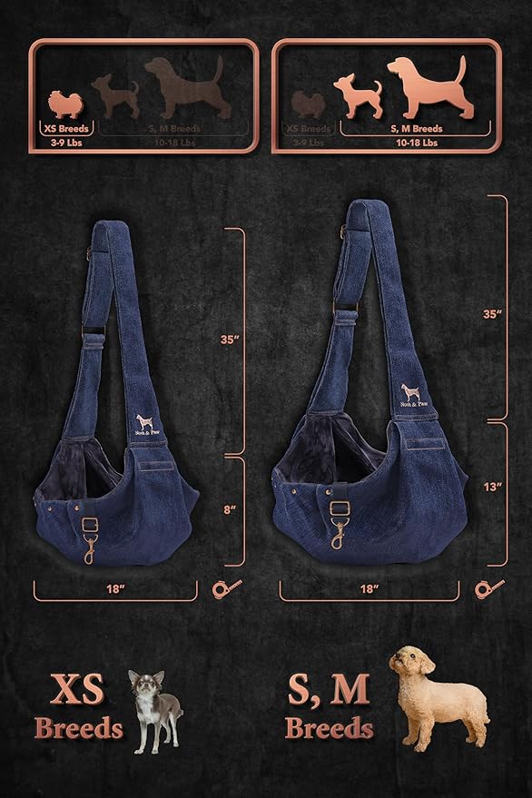 Noah & Paw Dog Sling Carrier for Small Dogs 5-18lb, Dog Sling for Small Dogs and Cats, Dog Carrier with Adjustable Padded Strap, Premium Denim, Lined with Fur, Double Safety Feature, Machine Washable