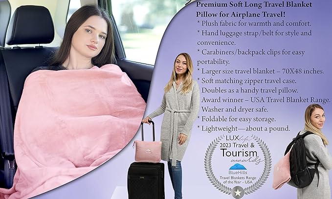 BlueHills Long Travel Blanket Pillows for Two Airplane Traveling Essentials Flight Throws in Bag case with Backpack Clip Compact Large Plane Accessories – Gray and Pink