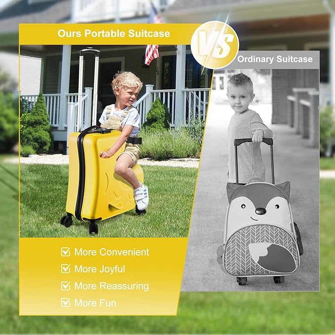 24 Inch Kid Ride Suitcase, Kid Luggage Seat Ride With Lock - Kids Travel Trolley With Safety Belt, Kids Luggage With Wheels Child Stroller Spinner Luggages, ABS+PC (Yellow, 6-12 Years)