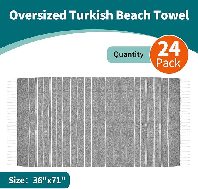 YSYJ 24 Pack Turkish Beach Towel 36"x71" Beach Towels Oversized Bath Towels Sand Free Quick Dry Turkish Towel Bulk Extra Large Pool Blanket Grey