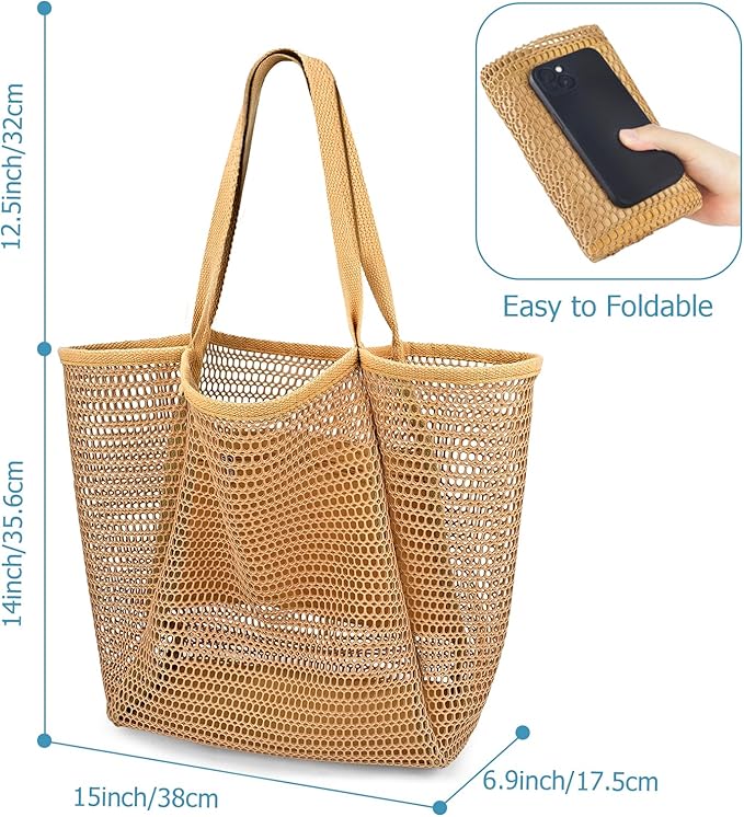 Iioscre Beach Bag for Women, Causal Hobo Pool Bags with Zipper Inner Pocket, Foldable Swim Tote Bag for Vacation Essentials