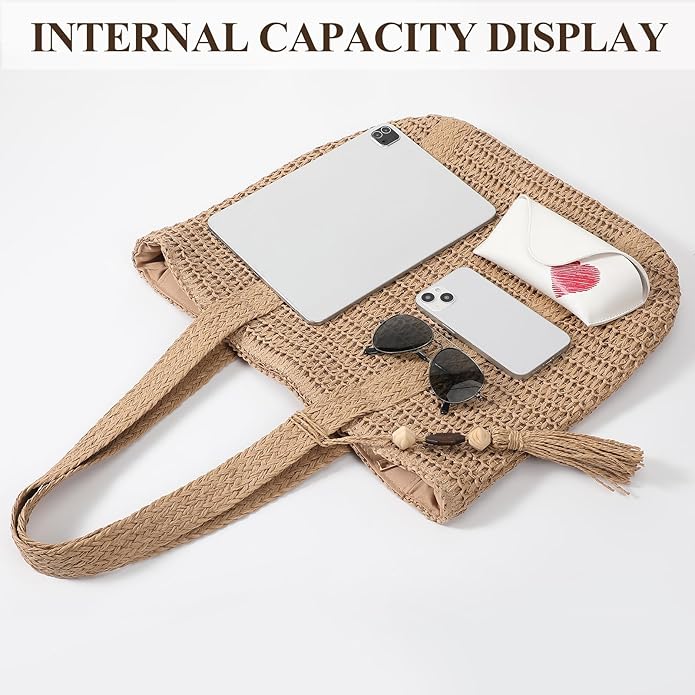 Beach Bags for Women - Straw Bag with Zipper, Soft Woven beach bag, Casual Straw Shoulder Bag for Daily Use