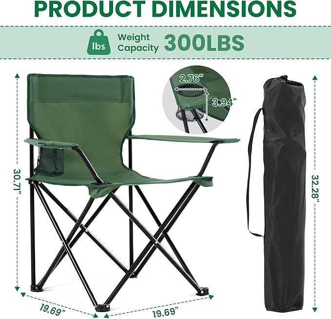 4 Pack Folding Camping Chairs for Adults, Foldable Portable Beach Chairs with Carry Bag & Cup Holder, Compact Design for Camping, Beach, Picnics, and Fishing Supports 300LBS（Green）