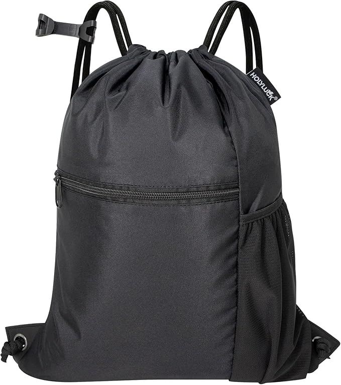HOLYLUCK Men & Women Outdoor Sport Gym Sack Waterproof Drawstring Backpack Bag (Standard with drawstring, Black)