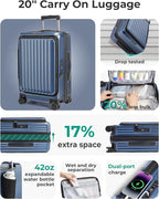 BAGSMART Top Opening Carry On Luggage 22x14x9 Airline Approved with TSA Lock, Expandable 20 Inch Deep Compartment Hard Shell Suitcases with Double Spinner Wheels, Blue