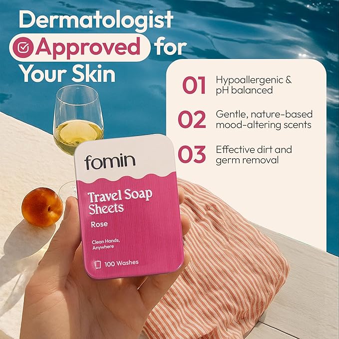 FOMIN - Antibacterial Paper Soap Sheets Tin for Traveling - 3 Pack Rose - Portable Travel Hand Soap Sheet, Dissolvable Mini Camping Hand Soap for Hand Washing