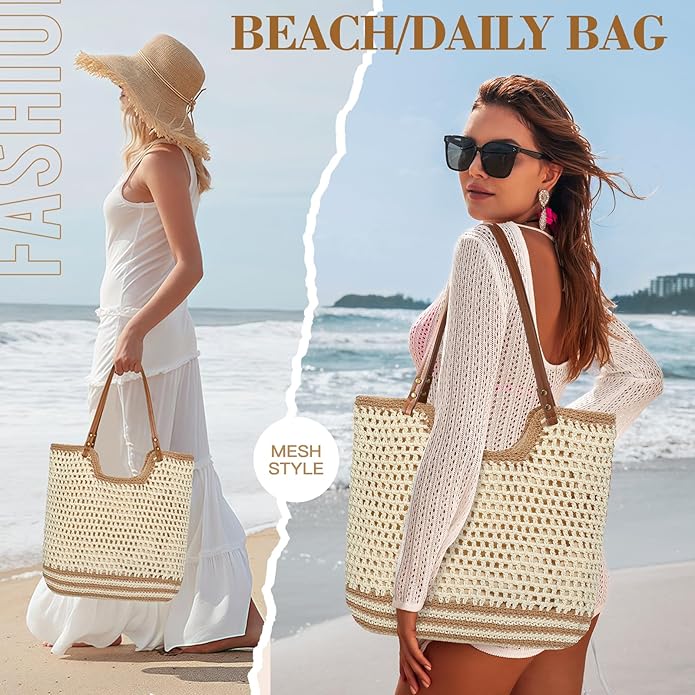 Pleneal Crochet Beach Bag, Summer Woven Tote Bag with Lining, Soft Purse Shoulder Bags for Vacation