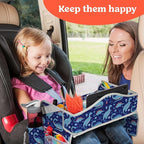 PILLANI Kids Travel Tray for Car - Toddler Essentials for Road Trip, Carseat Tray for Kids Travel, Car Activities for Kids Ages 4-8 w/ Activity Sheets & Pens, Tablet Holder, Dry Erase Board,Cup Holder