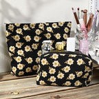 SOIDRAM 2 Pieces Flower Makeup Bag Large Cosmetic Bag Capacity Canvas Mix Travel Toiletry Bag Organizer Cute Makeup Brushes Aesthetic Accessories Storage Bag for Women, Flower Mix Black