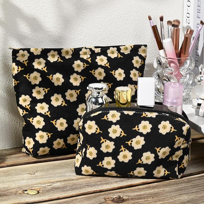 SOIDRAM 2 Pieces Flower Makeup Bag Large Cosmetic Bag Capacity Canvas Mix Travel Toiletry Bag Organizer Cute Makeup Brushes Aesthetic Accessories Storage Bag for Women, Flower Mix Black