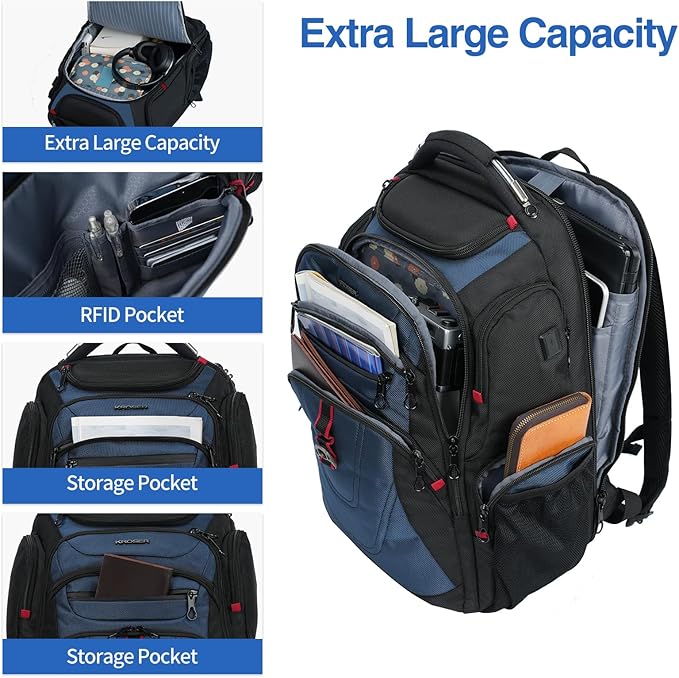 KROSER TSA Friendly Travel Laptop Backpack 17.3 inch XXXL Gaming Backpack Water-Repellent College Daypack Business Backpack with RFID Pockets & USB Port for Men/Women-Black/Haze Blue