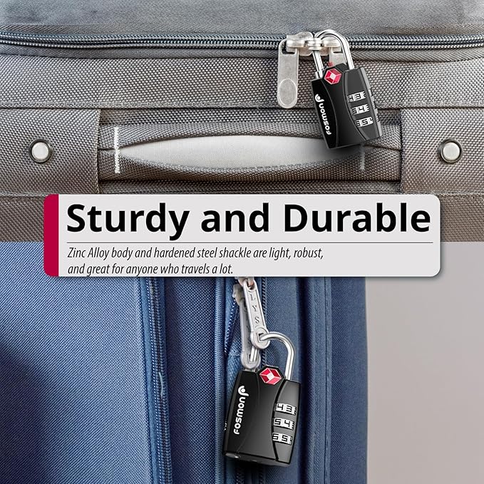 Fosmon TSA Approved Locks for Luggage. Suitcase Locks with Open Alert Indicator, 3 Digit Combination Padlock with Alloy Body for Travel, Backpack Zipper Anti Theft, Locker, Gym, Gun Case, Tent