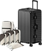 LUGGEX Checked Suitcase with Spinner Wheels, 8010S Aluminum Frame Zipperless Polycarbonate Hard Shell Suitcase with 5 Packing Cubes and a Shoe Bag (ZX-Core, Black, 30 Inch)