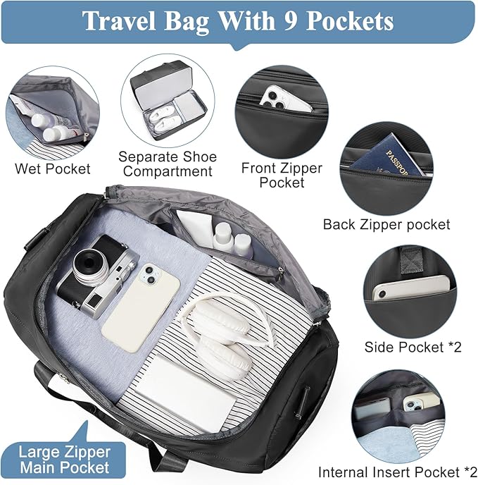 Travel Duffel Bag for Women, Carry-on Overnight Weekender Bags with Wet Pocket, For Spirit Airlines 18x14x8 Personal Item Bag,Small,Black