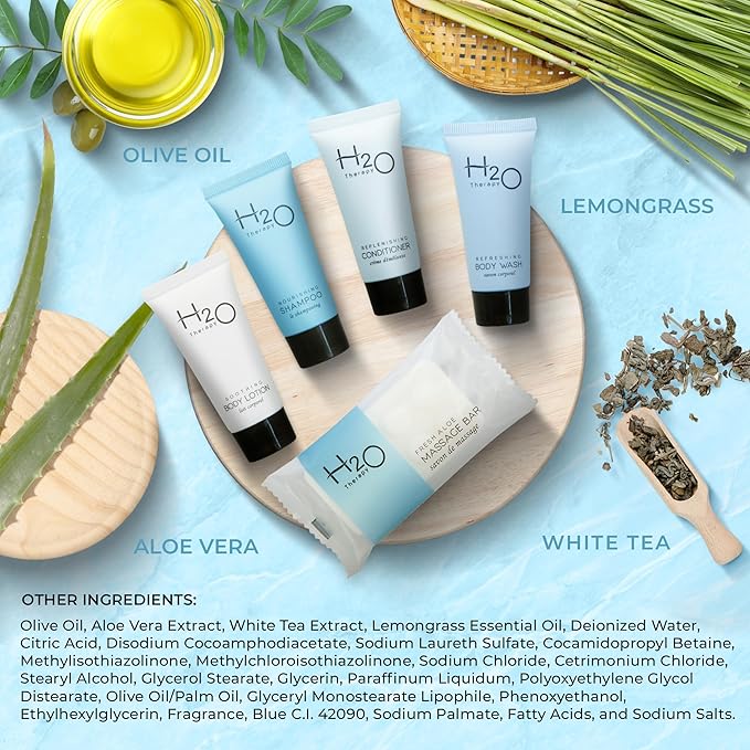 H2O Therapy Hotel Soaps & Toiletries Bulk Set | 1-Shoppe Amenities Kit | 0.85oz Shampoo & Conditioner, Body Wash, Lotion, 1oz Bar Soap | Travel Size | 75 Pieces