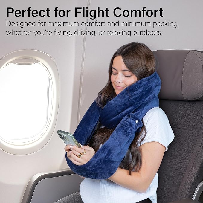 NAPRO 3‑in‑1 Travel Blanket Pillow Scarf – Convertible 50×80″ Blanket, 12×16″ Pillow, 80″ Infinity Neck Pillow – Lightweight, Plush – Navy Blue