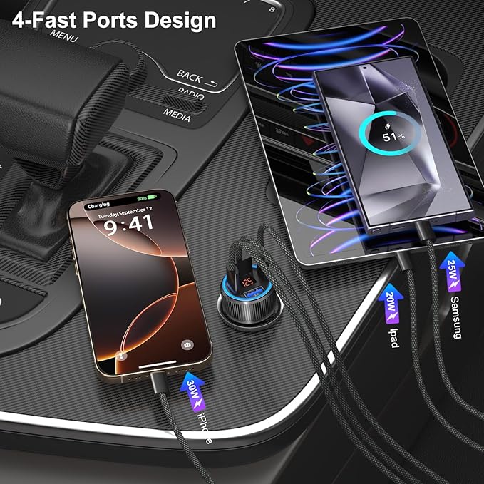 65W 4 Port Super Fast Type C Car Charger USB C for Samsung S25 S24 S23 Ultra A53 A16, iPhone 17 16 15 PD/QC 3.0 Fast Charging 12V Car Cigarette Lighter Adapter with Voltage Meter+4 Pack USB-C Cables