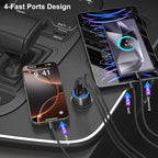 65W 4 Port Super Fast Type C Car Charger USB C for Samsung S25 S24 S23 Ultra A53 A16, iPhone 17 16 15 PD/QC 3.0 Fast Charging 12V Car Cigarette Lighter Adapter with Voltage Meter+4 Pack USB-C Cables