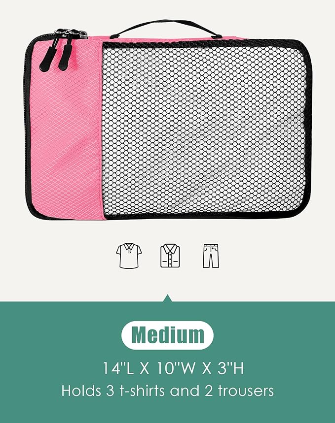 WTREE 4-Piece Packing Cubes Travel Accessories Set for Suitcases - Luggage Organizer Bags with Double Zipper - Mesh Top - Medium - Pink