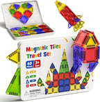 Mini Magnetic Tiles for Kids Travel - 40pcs STEM Building Blocks with Visual Storage Guide & Metal Box Play Base, Toddler Airplane Activities Toys for Ages 3-5,4-8, Compact Travel Toys