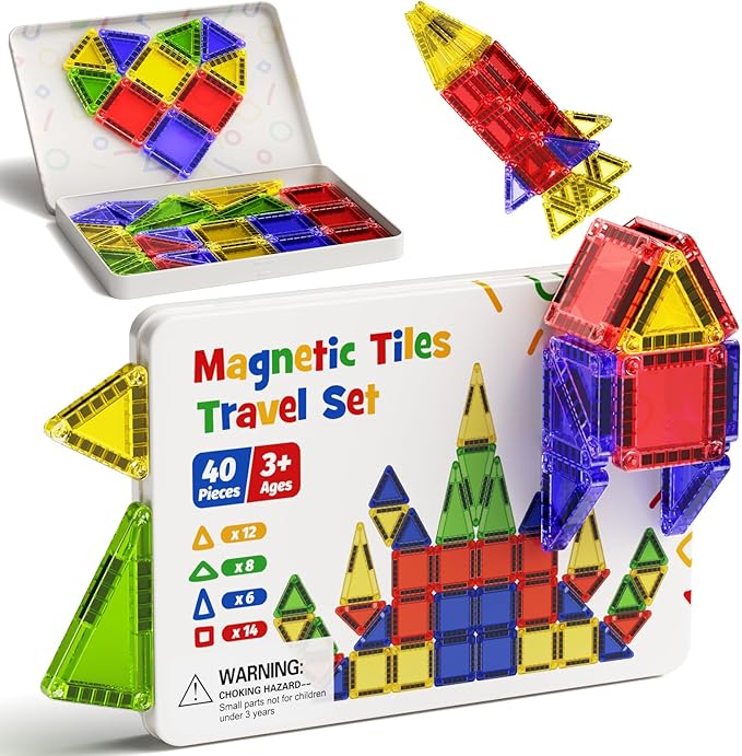 Mini Magnetic Tiles for Kids Travel - 40pcs STEM Building Blocks with Visual Storage Guide & Metal Box Play Base, Toddler Airplane Activities Toys for Ages 3-5,4-8, Compact Travel Toys