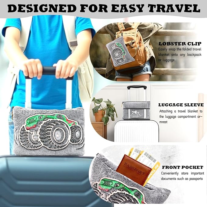 Truck Travel Blanket Pillow, Travel Blanket Airplane Compact with Bag, Pillow Blanket for Kids, Airplane Blanket for Long Flights, Plane & Car Travel Essentials, Glow in The Dark, Camping Outdoor
