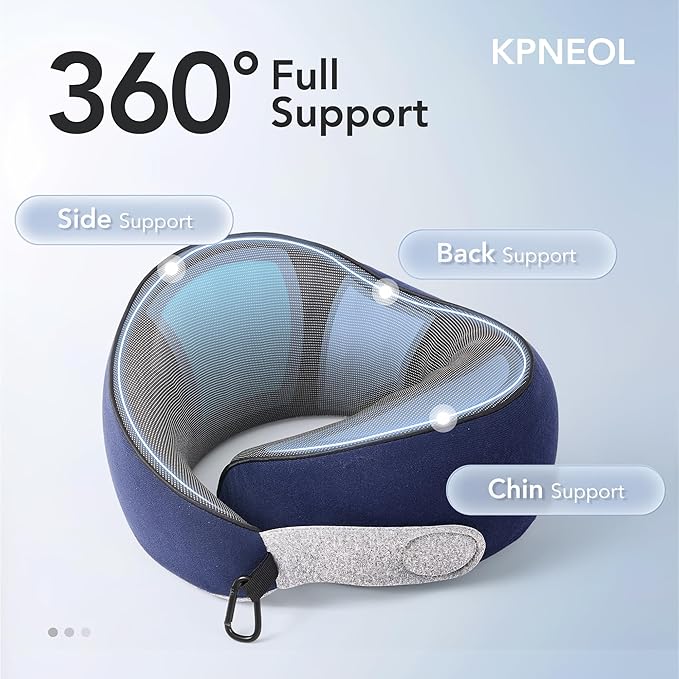 KPNEOL Travel Pillow, 100% Pure Memory Foam Travel Neck Pillow Airplane Neck Support Ergonomic Design for Traveling Suitable for Airplanes,Offices and Cars-Navy Blue
