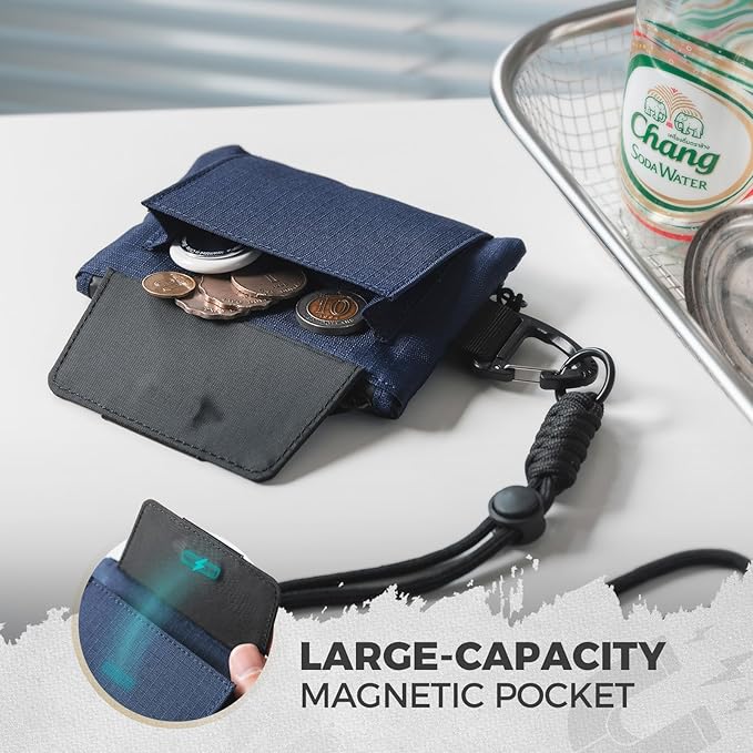 VULKIT RFID Blocking Lanyard Wallet for Men and Women, Nylon Neck Wallet with ID Window, Zipper Pouch and Keychain, Magnetic Pocket for Hiking, Fishing and Outdoor Activities, Navy Night
