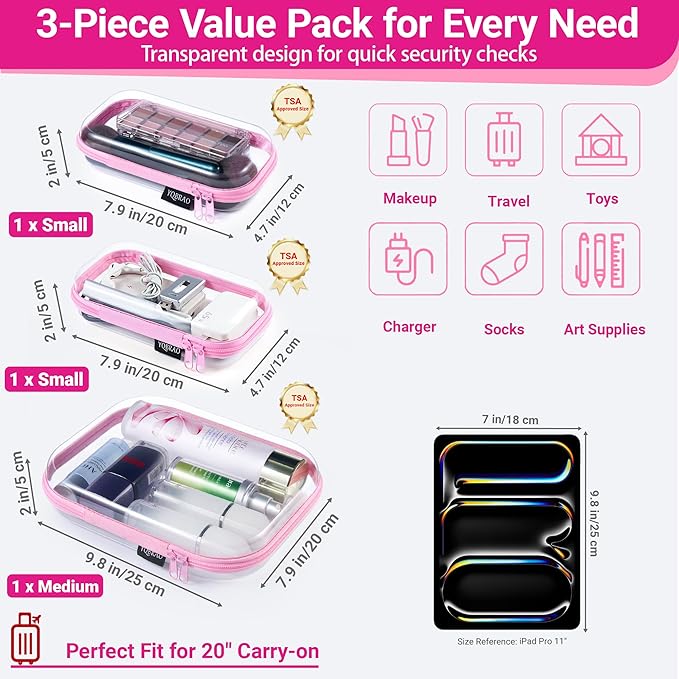 YQBRAO 3-Pack Clear Hard Shell Zipper Case Pink, 1.2mm Heavy-Duty Crush-Proof Travel Makeup Bag, TSA Approved Clear Zipper Pouches, Rigid Toiletry & Diaper Bag Organizer for Tech, Toys & Art Supplies