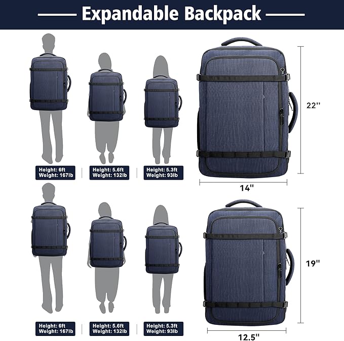 Travelability Carry On Backpack,Expandable 1-7 DAYS Roomy Travel Backpack with Cable Access Port,Anti Theft Water Resistant Fits 18.4"Laptop Large Business Backpack for Men Women,Flights Approve,Blue