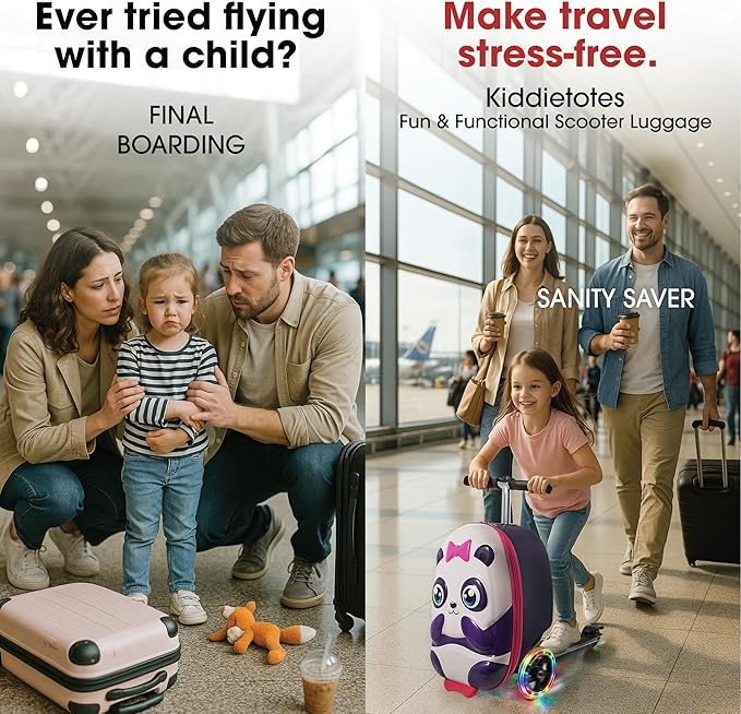 KIDDIETOTES Ride-On Scooter Suitcase for Kids – Hardside Lightweight Carry-On Luggage with Foldable Scooter, LED Wheels, Travel Fun for Toddlers & Children