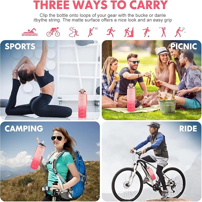 Water Bottle with Straw 1L,Boys Water Bottles with Straw 1 Litre,Waterbottle Leak-Proof Sports Water Bottle,Plastic Drinks Bottles Toxin Free，Bpa-Free (Pink)