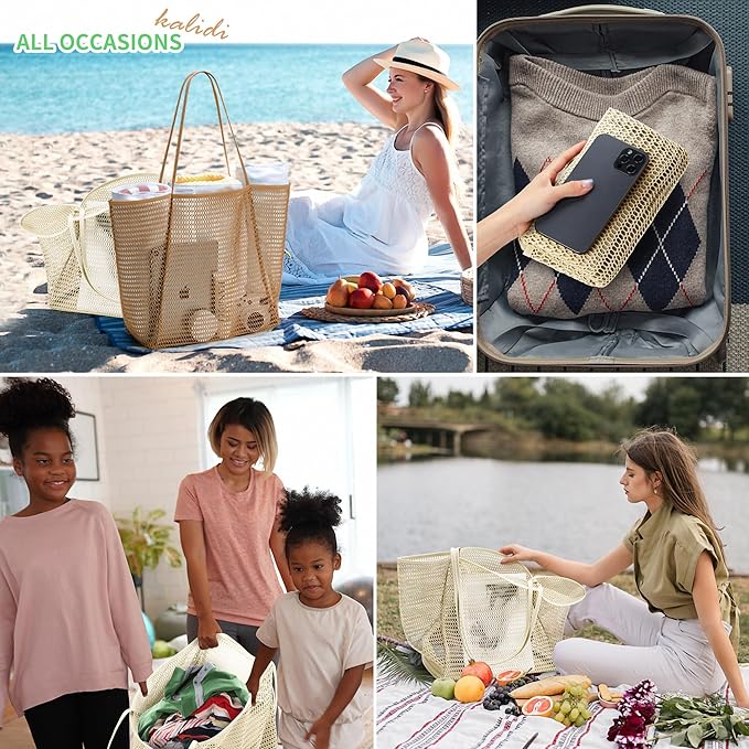 KALIDI Beach Nylon Mesh Tote Bag, Casual Tote Bag Hobo Women Foldable MAX 23L Shoulder Bag For Beach Picnic Vacation