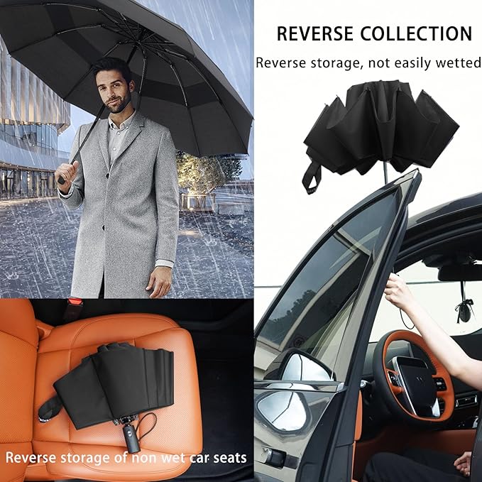 Umbrella Reverse Folding Umbrella Windproof Travel Umbrellas for Rain - Easy Auto Open Close, Durable & Compact Umbrella, Strong Fiberglass Frame, Waterproof Canopy - Backpack, Purse, Portable Umbrella for Travel