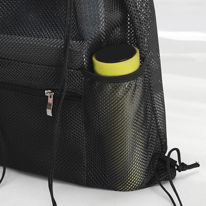 NATURAL STYLE Mesh Drawstring Backpack Bag, Gym Sports Bag with Zipper Pocket Bottle Holder, String Beach Bag for Swiming Travel (Black)