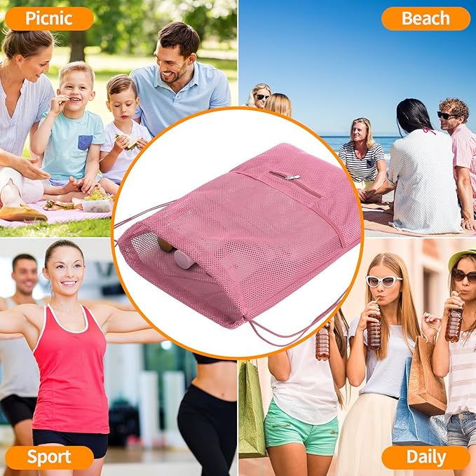 NATURAL STYLE Mesh Drawstring Backpack Bag, Gym Sports Bag with Zipper Pocket Bottle Holder, String Beach Bag for Swiming Travel (Pink)
