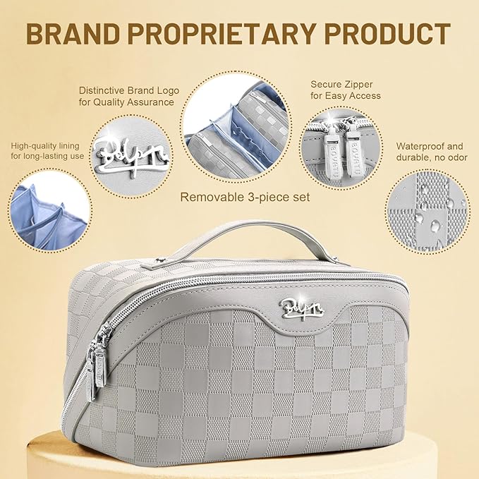 BOYATU Travel Makeup Bag Organizer: 3 Pcs Set Large Capacity Cosmetic Bags Holds 10–20 100ml Full-Size Bottles - 180°Open-Flat Make up Case 3-sec touch-up - Toiletry Bag Gift women (03-A-Gray)