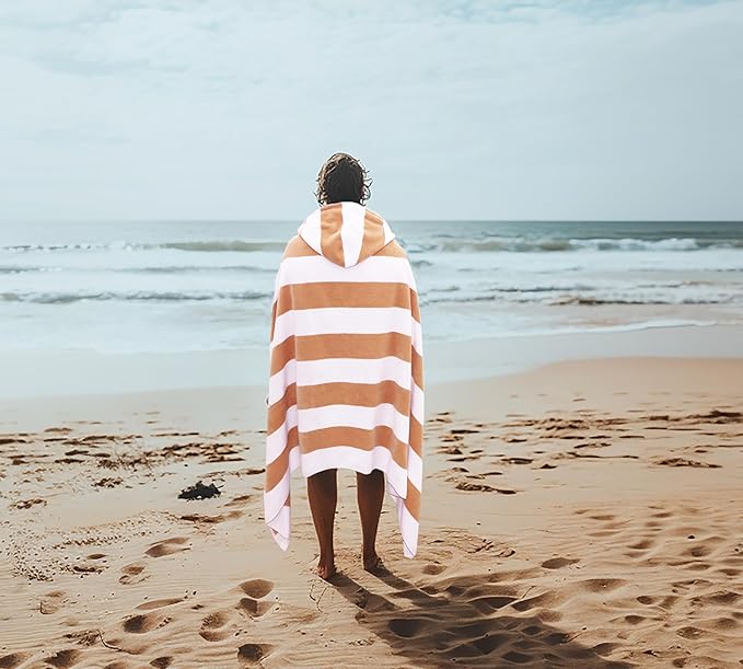 COTTON CRAFT Hooded Beach Towel - Oversized XXL 35x84 Towel with Hood for Adults - The Big Kahuna 7 Foot Beach Blanket Towel - Big & Tall Soft 100% Cotton Velour - Pool Bath Wrap - Cabana Stripe Linen