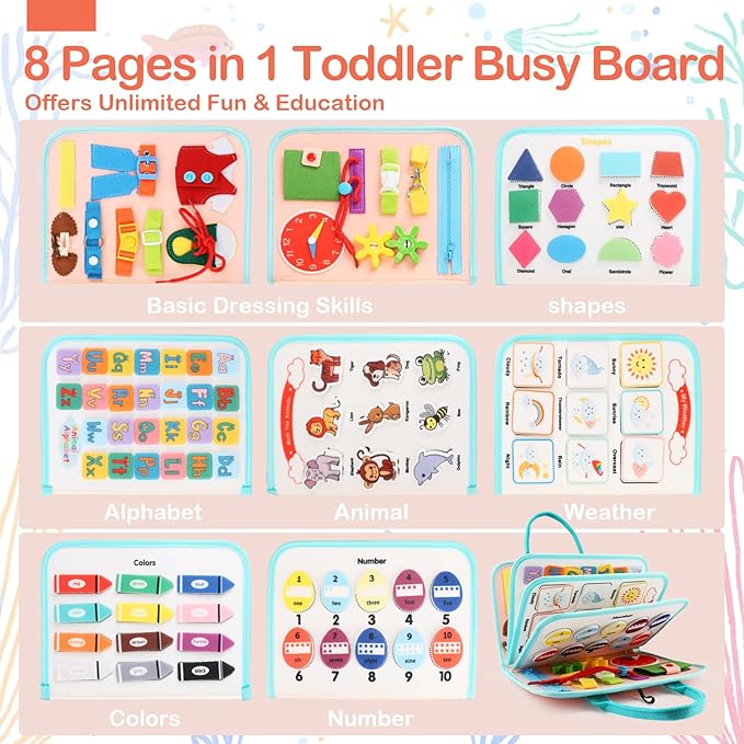 Teefrye Toddler Busy Board Montessori Toys for Toddlers 1-3 Year Old Educational Activity Book Board Sensory Travel Toys Ages 2-4 Preschool Learning Fine Motor Skills Toy Quiet Book Gift for Kids