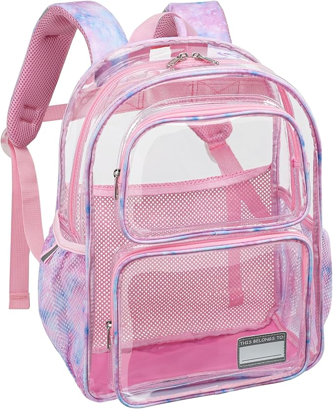 Bagseri Clear Backpack for Girls - 15 Inch Heavy Duty Kids Clear Bookbag for Kindergarten to Grade 2, Transparent School Bag with Reflective Strip, Fits Folders, Pink Tie-dye