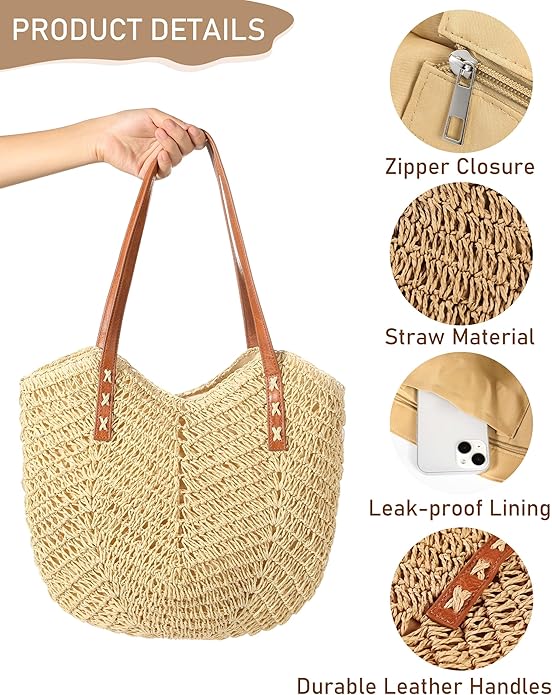 Beach Bags for Women - Straw Bag with Zipper, Soft Woven beach bag, Casual Straw Shoulder Bag for Daily Use