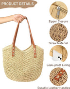 Beach Bags for Women - Straw Bag with Zipper, Soft Woven beach bag, Casual Straw Shoulder Bag for Daily Use