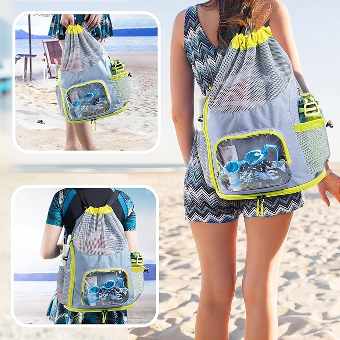 Mesh Drawstring Backpack with Shoe Compartment, Sandproof Beach Swim Bag with Wet Pocket, Pool Gym Shower Bag for Travel Summer Camp