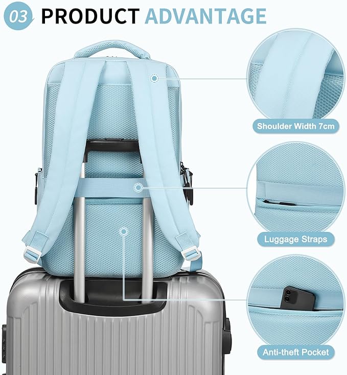 Waterproof Laptop Backpack for Men & Women, Flight Approved Anti-Theft Daypack with 15.6-inch Laptop Sleeve (Light Blue)