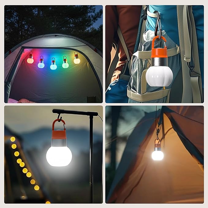 3-Pack Rechargeable LED Camping Lanterns, Mini Tent Light with 10 Modes & Hanging Clip, IPX5 Waterproof Small Outdoor Ambient Lighting for Hiking, Emergency, Fishing (Mixed Colors