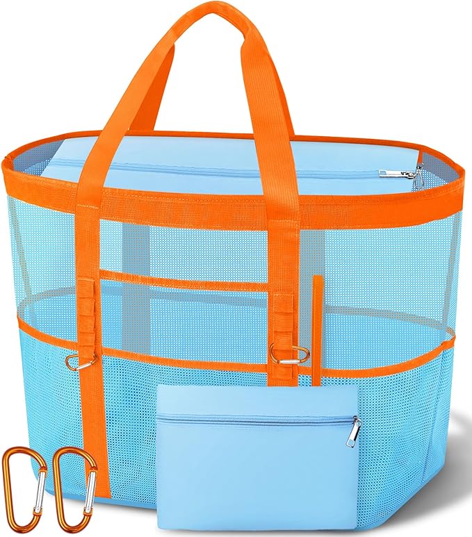 2026 Stylish & Spacious XX-Large Beach Bag for Women – Mesh × Canvas Tote with Top Zipper, 11 Tall Pockets | 40L+ Spacious, 11 Tall Pockets, Zipper Pouch, Secure Zip-Top, Sand-Resistant Base