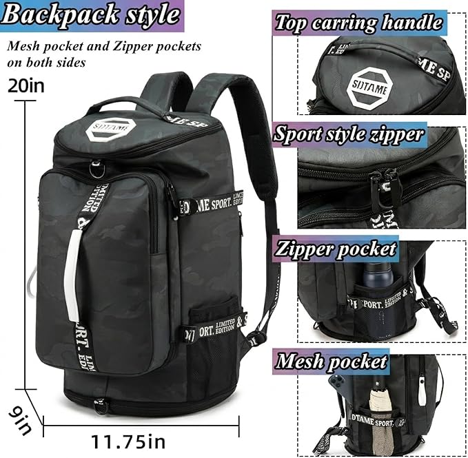 Gym Duffle Bag Backpack with Shoe Compartment,4 ways Travel Backpack for Women and Men,Multi-Functional Weekender bag with Waterproof Layer&Laptop Compartment for Fitness, Travel,Camping