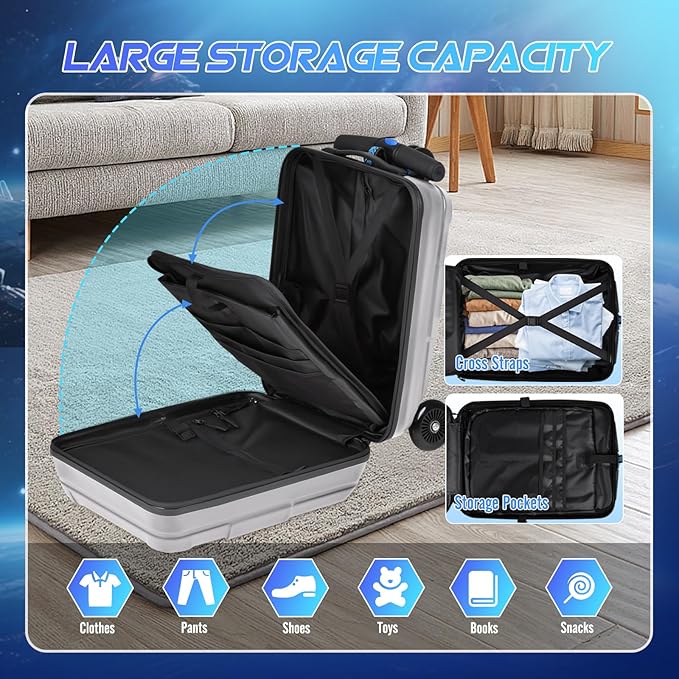 smilesun Scooter Suitcase for Kids & Adults, Foldable Carry On Travel Luggage, Hardside Ride on Scooter Suitcase with Spinner Wheels，Silver